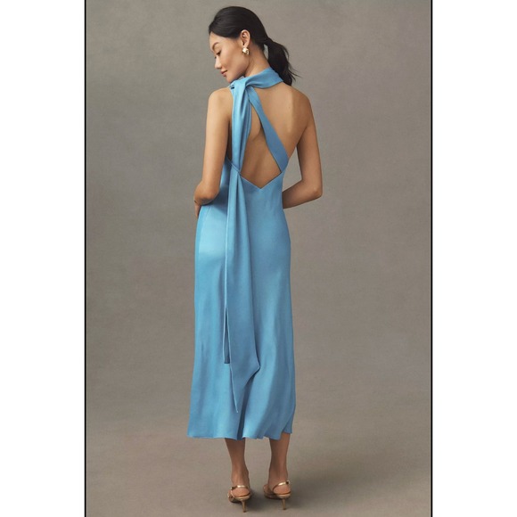 NEW BHLDN Womens Nicoletta One Shoulder Scarf Satin Midi Dress Size S Blue - Picture 2 of 15
